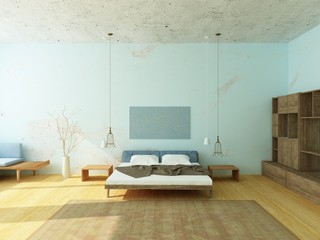 Beautiful cozy bedroom with blue walls, modern lights, hardwood floor and vintage carpet. Scandinavian style.