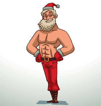 Vector cartoon image of strong Santa Claus with a white beard and mustache in red pants, gloves and hat, brown boots standing on a light background.