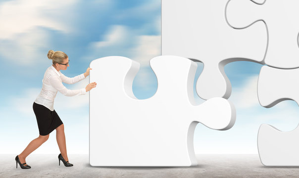 Business Woman Building A Puzzle On A Sky Background
