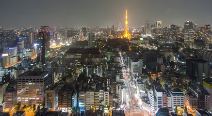 Fototapeta na wymiar Night view of Tokyo with tower, long exposure