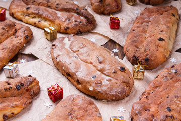 Dresdner stollen is a traditional German cake with raisins.Christmas treat.selective focus
