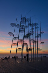 Sunset at Thessaloniki umbrellas sculpture