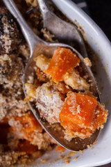 Crumble pumpkin.Appetizer. glass of white wine.selective focus
