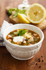 Solyanka soup with sour cream