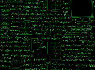 Fototapeta premium Programming technical vector seamless pattern with programming code, program flow diagrams, formulas, technical devices and schemes. Endless computer texture