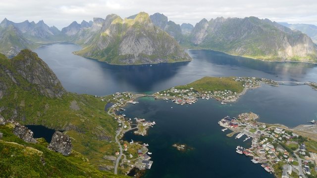 Reine, Norway. Fishing village in Moskenesoya island. View from Reinebringen hiking trail