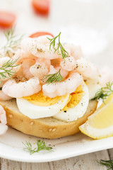 Sandwich with boiled egg and shrimps