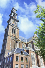 Fototapeta na wymiar Ancient Western Church tower, Amsterdam Netherlands. 