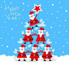 Funny Santa Clauses forming fir tree