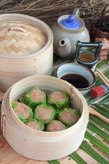 Chinese steamed dumpling and hot tea delicious.