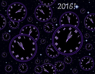 Fototapeta na wymiar Happy New Year vector seamless pattern with clock showing five minutes to midnight on a space starry background. Festive vector endless texture