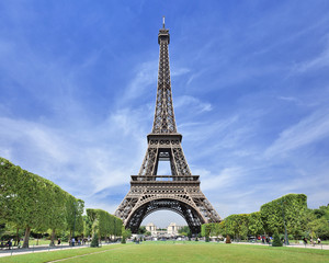 Fototapeta premium The majestic Eiffel tower in Paris against a blue sky, France.