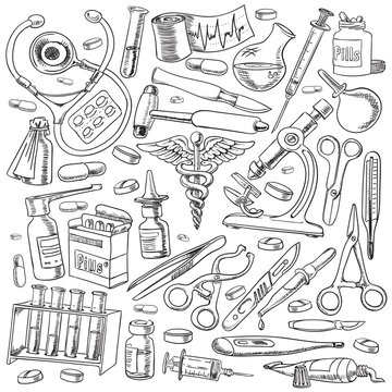 Medical equipments and tools in the freehand drawing style