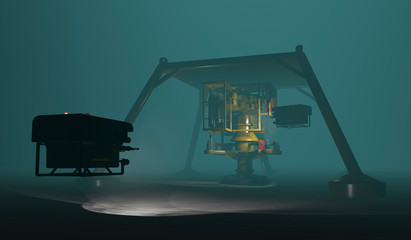 ROVs inspecting subsea oil and gas equipment steel cage protection structure. Fictitious protection structure, oil and gas equipment. Murky water to emphasize depth, blurred image for dramatic effect.
