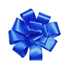 Blue round satin bow isolated on white background