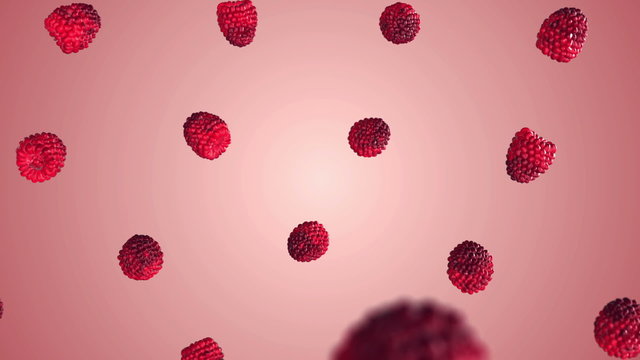 Falling raspberries on gradient background. 