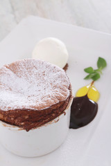 chocolate souffle plated dessert