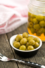 pitted green olives in bowl