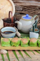 Chinese steamed dumpling and hot tea delicious.