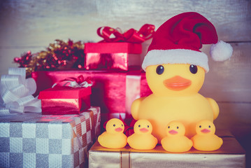 Christmas concept, rubber yellow duck wear  Santa clause hat