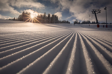 freshly groomed skiing slope in Black Forest, Germany