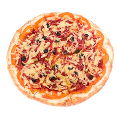 Pizza with cheese and ham isolated on white