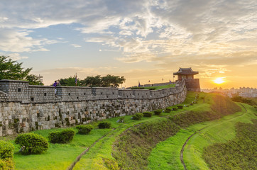 Fototapeta na wymiar Sunset at Hwaseong Fortress in Suwon, South Korea.