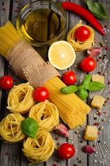 Pasta, vegetables, herbs and spices for Italian food