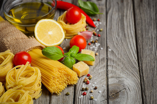 Pasta, vegetables, herbs and spices for Italian food