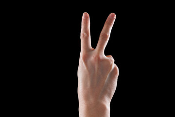 Fototapeta premium Gesture, young woman's hand indicates the direction or touch devices