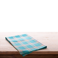 Tablecloth on wooden deck table, white background.