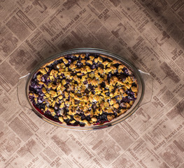 freshly baked cake with fruits and chocolate