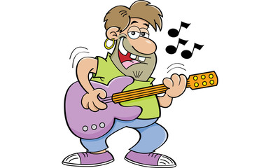 Cartoon illustration of a man playing a guitar.
