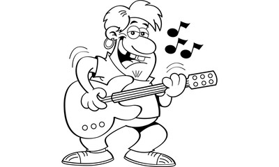 Black and white illustration of a man playing a guitar.