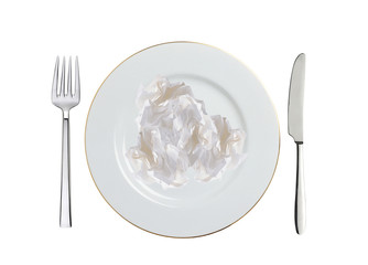 crumpled paper on white plate, spoon and fork isolated on white