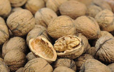 Walnut kernel and whole walnuts, closeup, shallowDOF