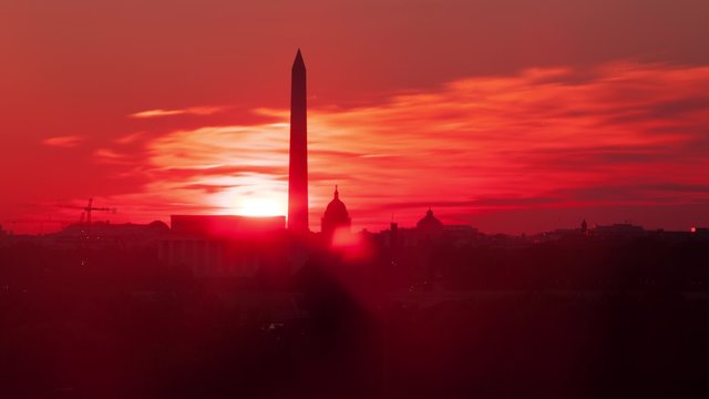 Sunrise over Washington D.C. with the Lincoln Memorial, Washington Monument and Capitol Building