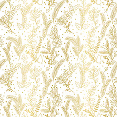 Seamless Vector Pattern of Faux Gold Foil Christmas Holiday Florals - 97813389