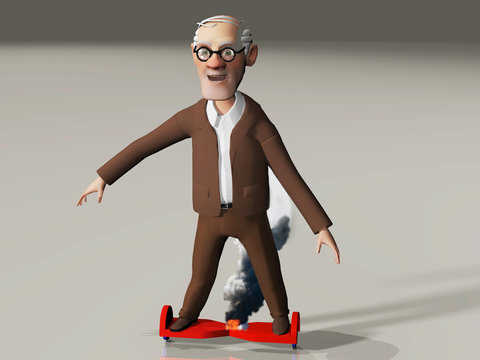 A Cartoon Rendering Of An Old Man On A Burning Hoverboard