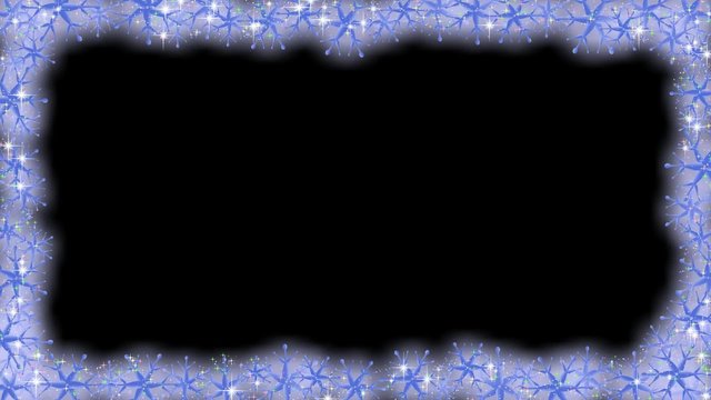 Border from gleaming, shining frozen pattern with black screen behind. Winter theme with snow and snowflakes