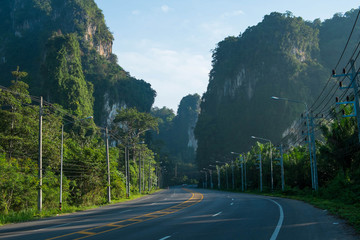 beautiful street and green nature with mountain in the morning