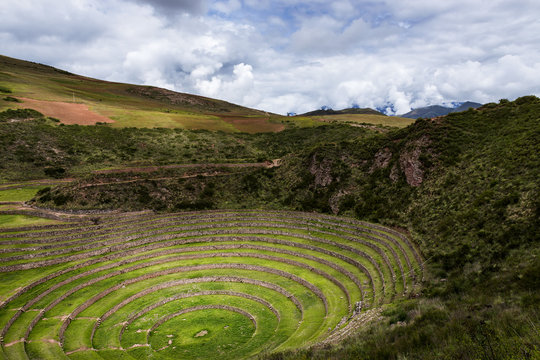 Inca circular terraces in Moray, in the Sacred Valley, Peru. 