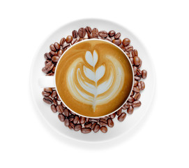 Cup of coffee latte and coffee beans isolated on white backgroud