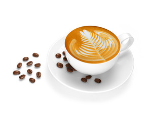 Cup of coffee latte and coffee beans isolated on white backgroud