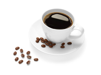 Cup of coffee and coffee beans isolated on white background