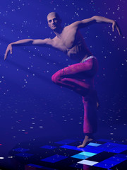 Fototapeta na wymiar Attractive modern male dancer on blue lighting stage in expressive pose. 3d illustration.