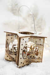 Wooden Christmas Candle Holder in the Snow