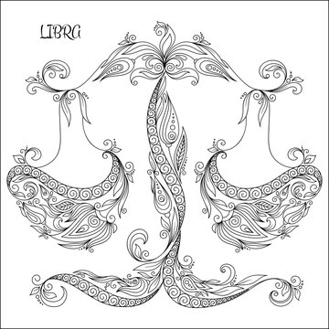 Hand drawn pattern for coloring book zodiac Libra.