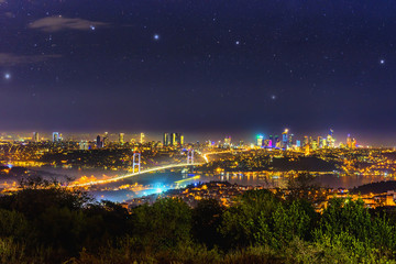 Istanbul, Turkey at night photographed from above in late November.  Costal line, a bridge  surrounded by residential buildings connecting  Bosphorus view followed by a distant Asian Sea shore.
