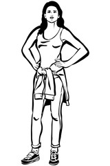 sketch of a girl in a vest and trousers